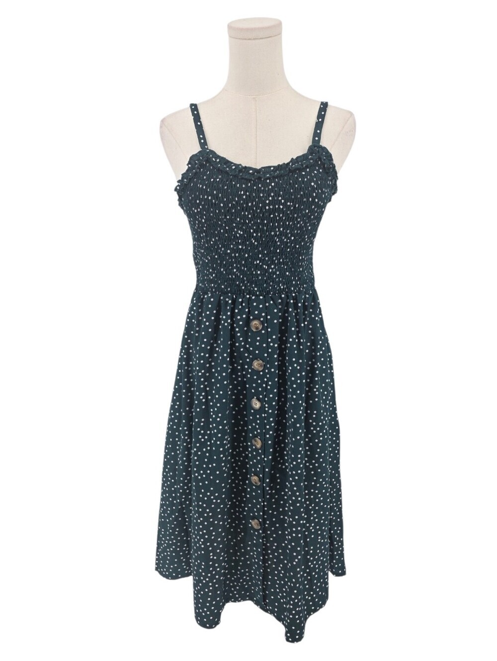 Coeur de Vague Polka Dot Smocked Midi Dress Pockets Teal Green Size L